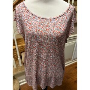 HM Womens Large Floral Scoop Neck Cap Sleeve T-Shirt Orange Red Ditsy Flower Top